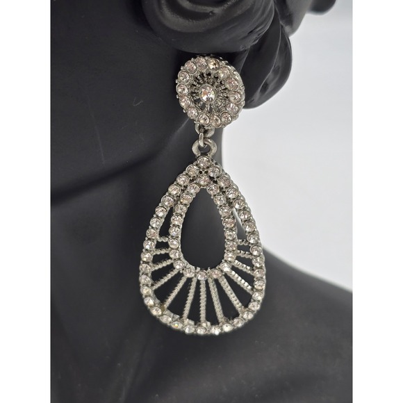 Does not apply Jewelry - Sparkling Clear Rhinestone Dangle Earrings Silver Tone Teardrop Fashion Jewelry
